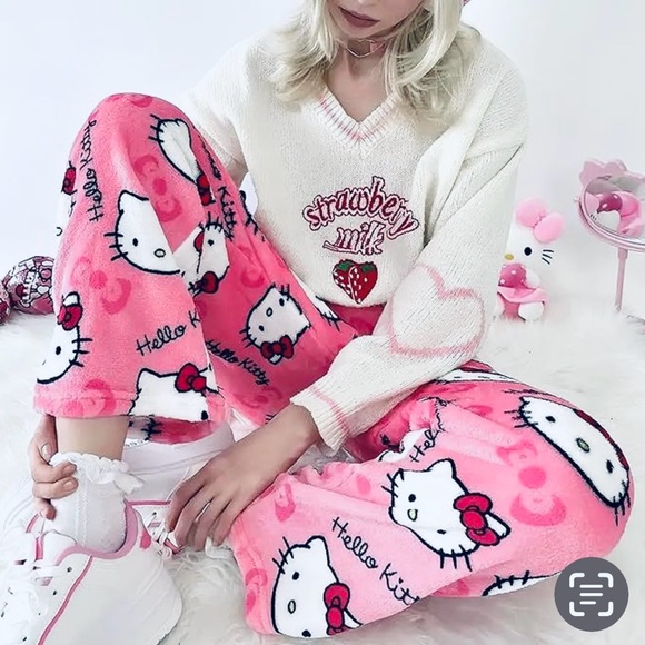Pink Plush Hello Kitty Soft Womens Pajama Pants Plush pj’s Cute - Picture 3 of 3